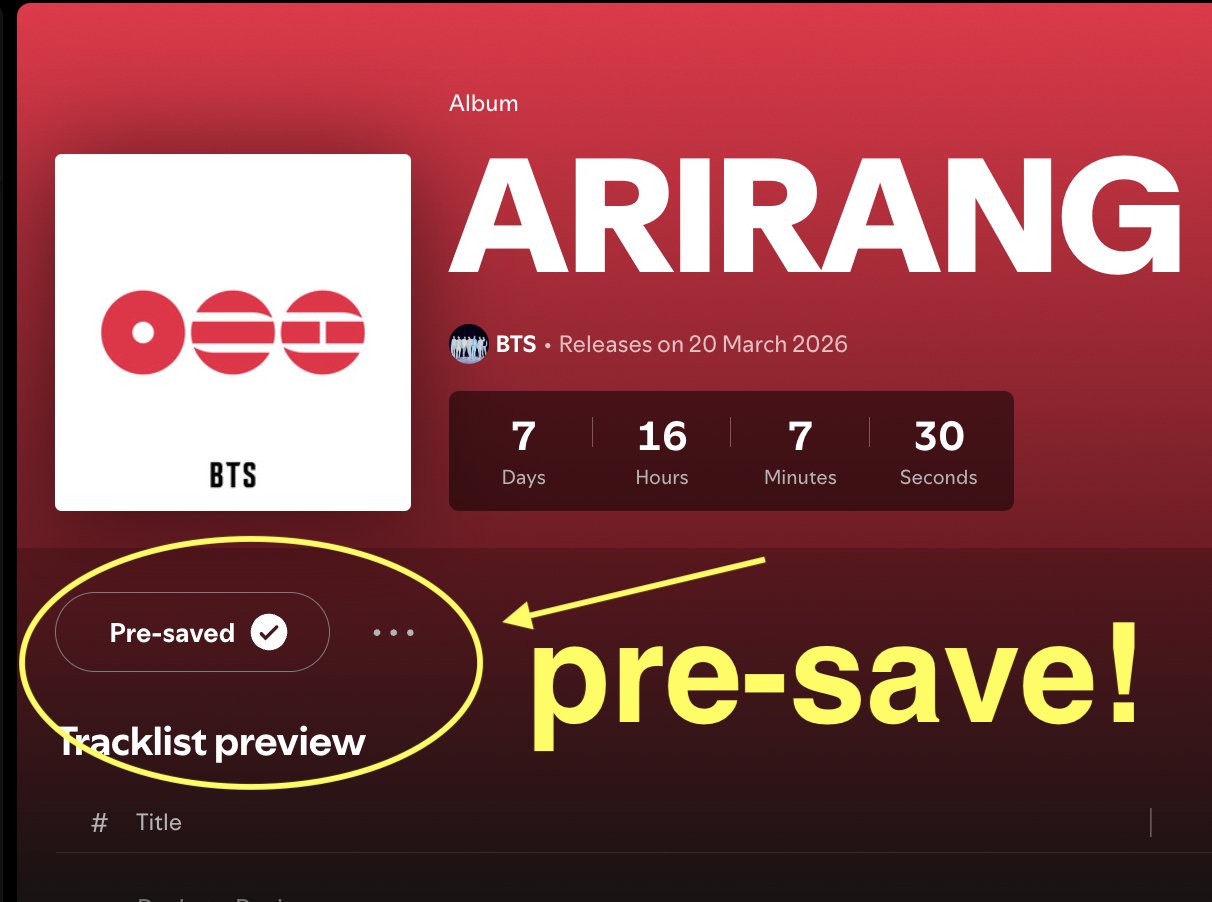 BTSコミュニティの投稿 - PRE-SAVE ARIRANG ON SPOTIFY NOW ! ONLY 7
